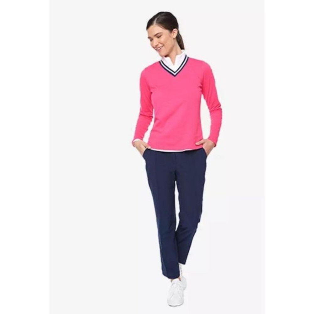 BELYN KEY  Varsity V Neck Pullover Long Sleeve Knit Golf Tennis Shirt SMALL Pink